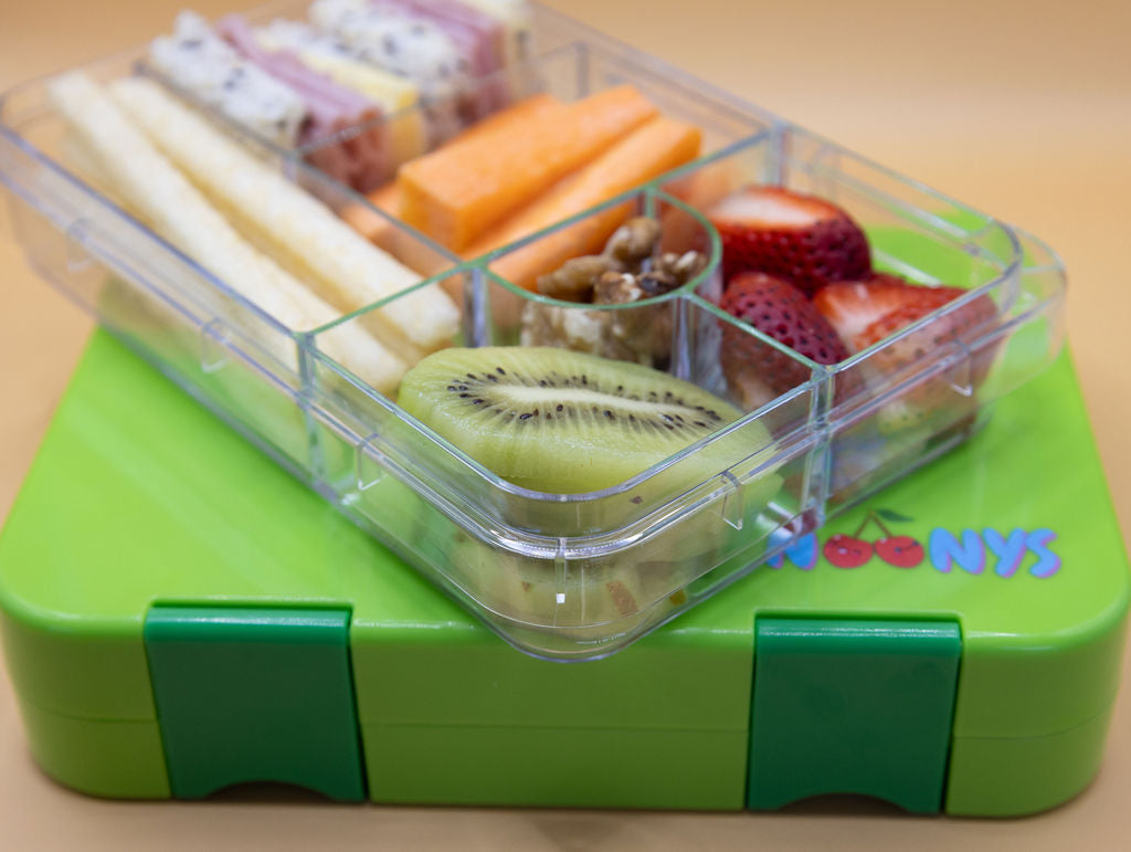 Noonys bailey bento lunchbox - lime green with inside tray displayed on top